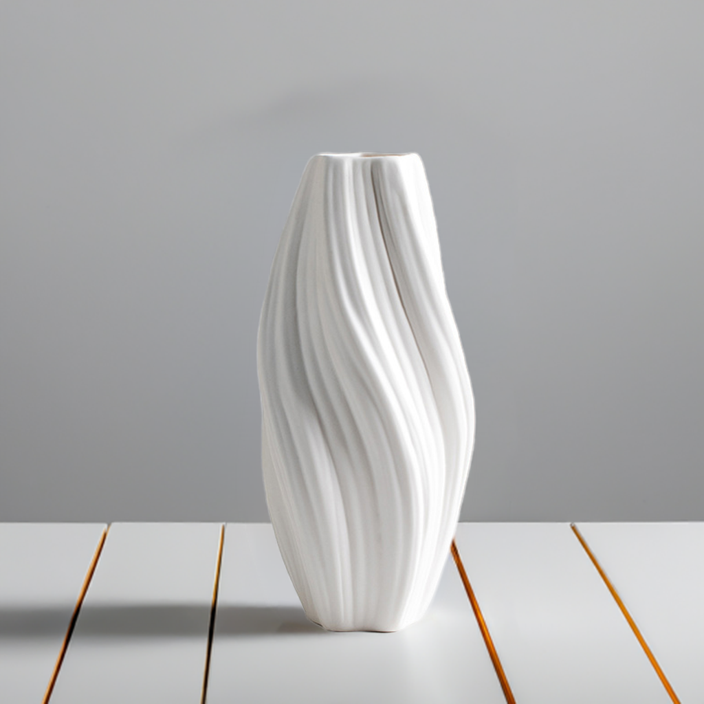 Lingbo Ceramic Vase – Handmade Scandinavian-Inspired Cream White Ripple Vase | Minimalist Home Decor for Living Room, Entryway, Hydroponic Plants