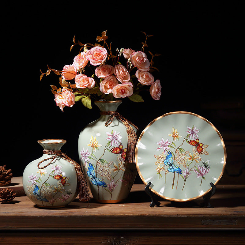 French Country Hand-Painted Ceramic Vase Set of 3 - Floral Farmhouse Table Decor