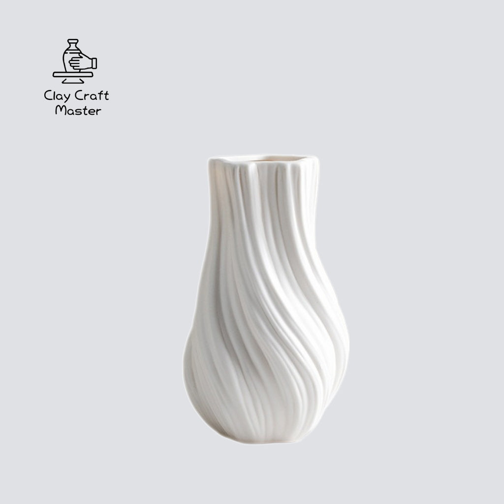 Lingbo Ceramic Vase – Handmade Scandinavian-Inspired Cream White Ripple Vase | Minimalist Home Decor for Living Room, Entryway, Hydroponic Plants