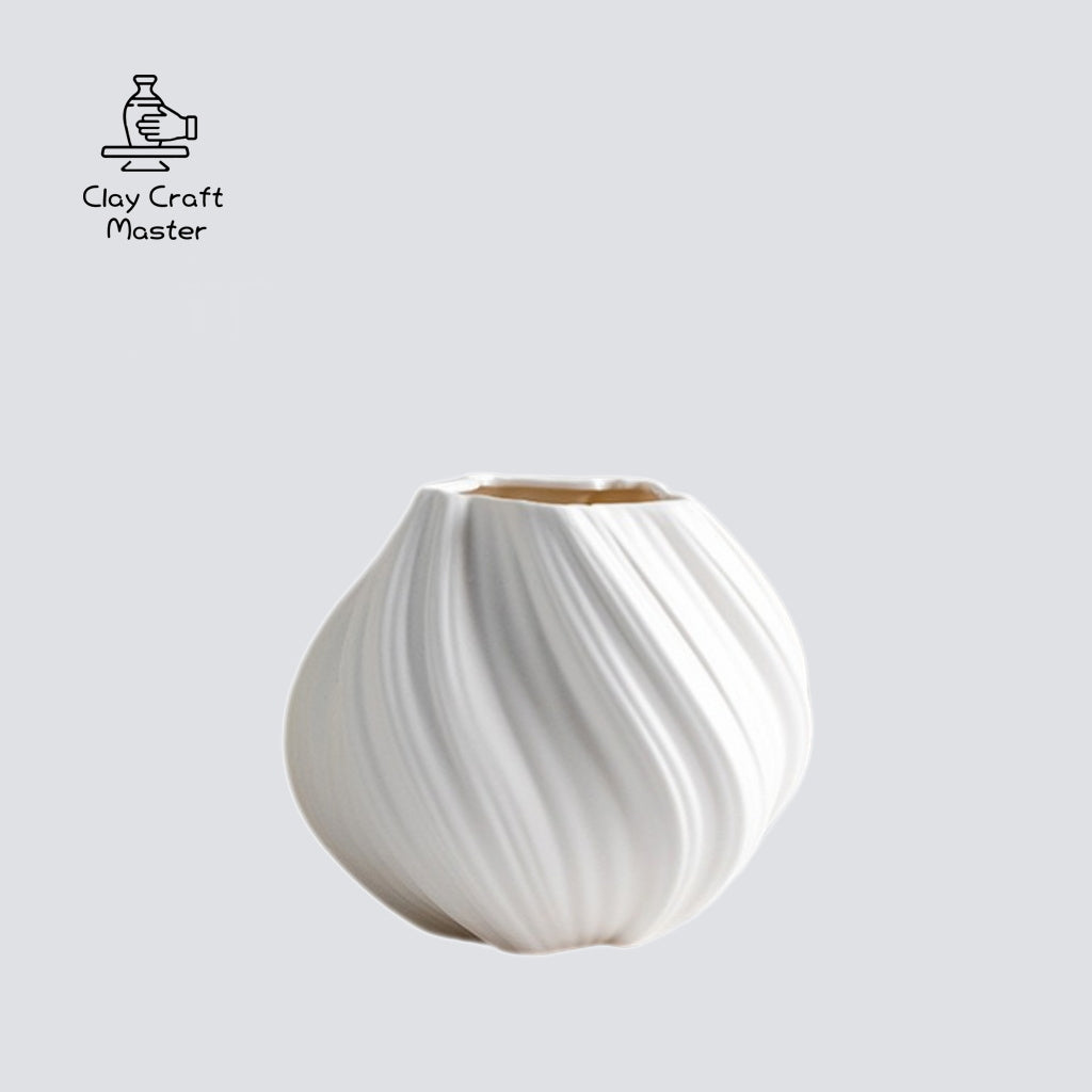 Lingbo Ceramic Vase – Handmade Scandinavian-Inspired Cream White Ripple Vase | Minimalist Home Decor for Living Room, Entryway, Hydroponic Plants