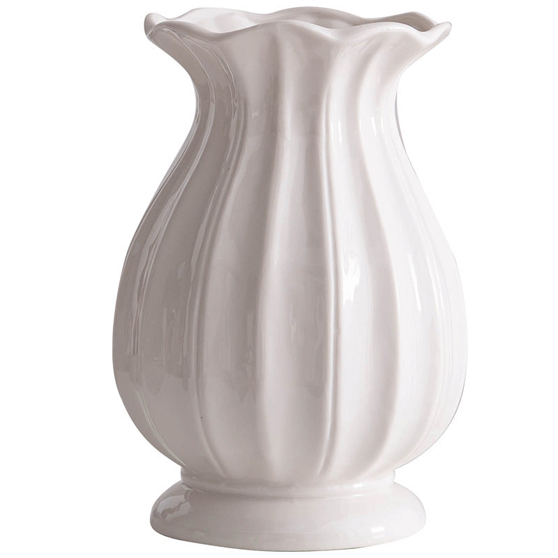 Nordic Handmade Ceramic Vase - Minimalist White Decorative Vase for Dried/ Fresh Flowers, Large Mouth Tabletop Centerpiece, Boho Living Room & Home Decor