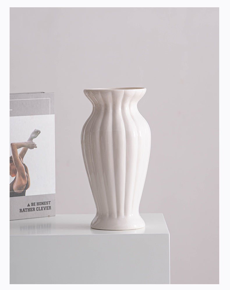 Nordic Handmade Ceramic Vase - Minimalist White Decorative Vase for Dried/ Fresh Flowers, Large Mouth Tabletop Centerpiece, Boho Living Room & Home Decor