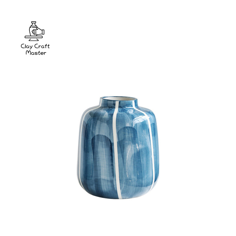 Modern Minimalist Style Hand Painted Blue Ceramic Vase