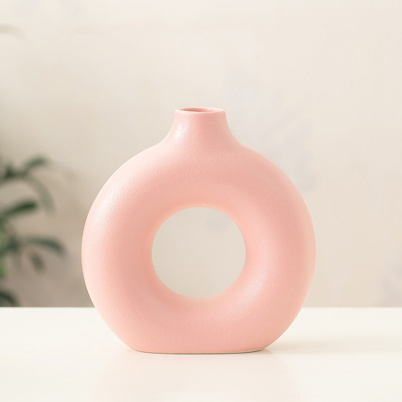 Creative Donut-Shaped Ceramic Vase – Modern Minimalist Home Decor for Dried Flowers | Handcrafted, Ins Style,